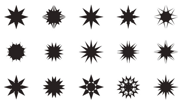 Compilation of fifteen black geometric stars and spiky mandala shapes arranged in a three-by-five grid.