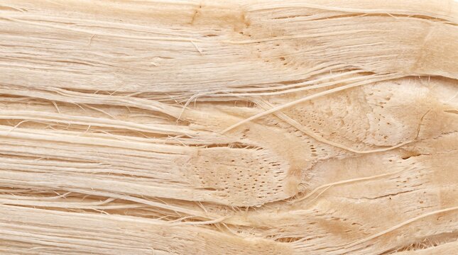 Close-up texture of raw banana pseudostem fiber, showing natural longitudinal plant strands