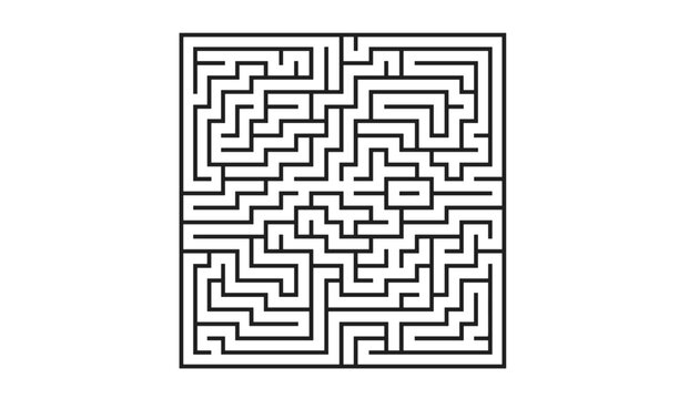 Complex square maze puzzle containing multiple branching pathways, dead ends, and a single correct solution.