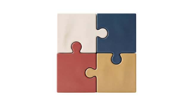 Four interlocking square puzzle pieces in red, isolated on transparent background