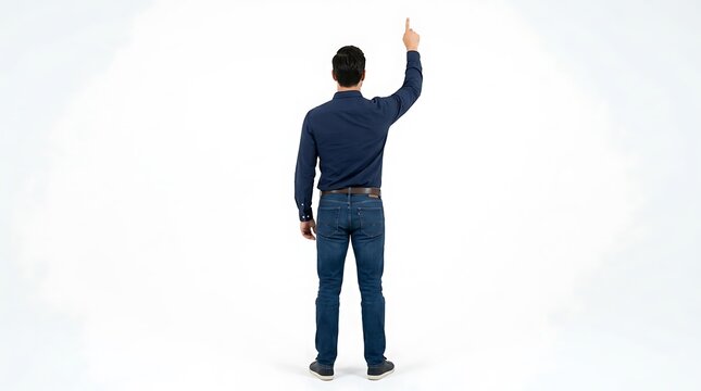 Man standing and pointing finger up at something isolated on white background