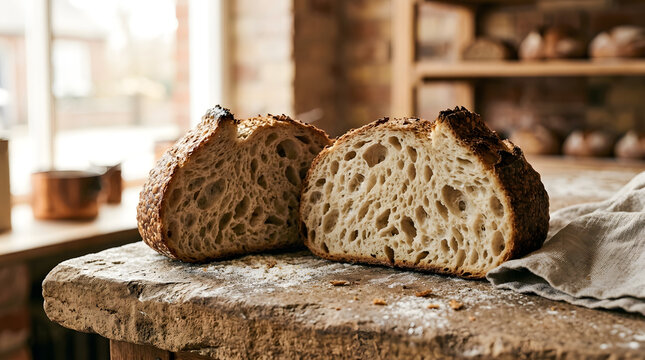Sliced artisan sourdough bread on rustic bakery table