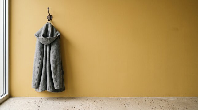 Grey hooded wool coat hanging on yellow wall