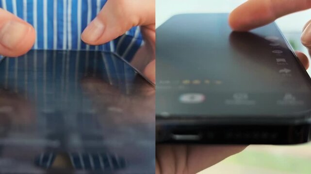 Social media browsing performed by woman scrolling phone network feed interface. Female consumer swiping interactive application timeline layout on dark reflective display screen. Digital.