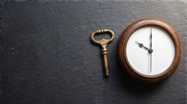 Vintage wooden clock and antique key on dark slate