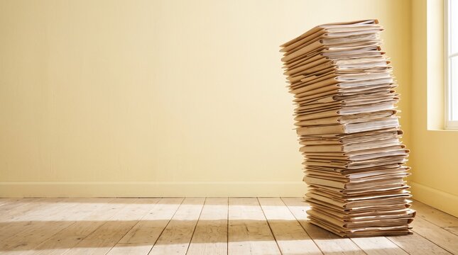 Tall stack of office folders on a wooden floor