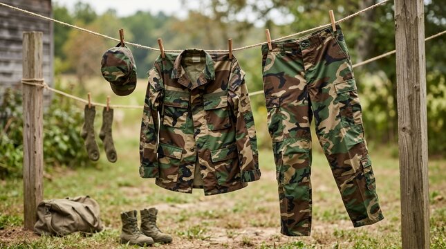 Camouflage military uniform hanging on a clothesline outdoors. Army jacket and trousers drying on a rope with boots and duffle bag on the ground