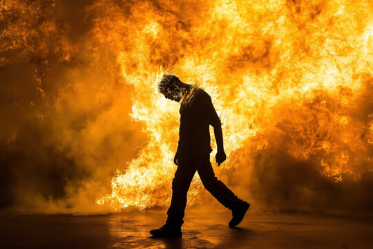 horror burning man in dark clothes walking with bowed head before huge orange fire cloud, photorealistic