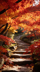Fototapeta premium Stone steps under red Japanese maples