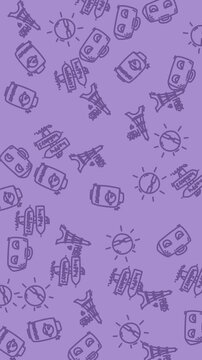 Purple background pattern icons suitcase eiffel tower travel sun sunglasses suitable for travel website, passport cover, tourism brochure, vacation promotion.