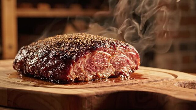 Freshly smoked beef brisket steaming on a rustic wooden cutting board with seasoned peppery bark in warm atmospheric light