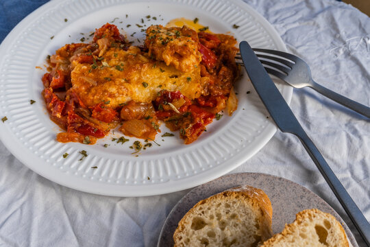 Bacalao Salt Cod Fried Fish Plate with Vegetable Stew and Bread