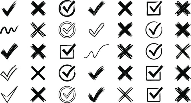 Check mark and cross brush icon set for checklist vote choice right wrong vector