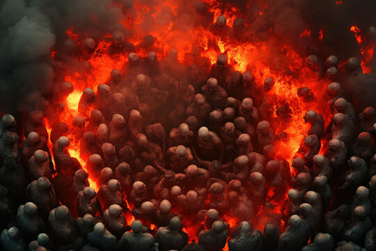 horror hell scene crowd of bald figures encircling blazing red pit, dantes inferno, overhead view, photorealistic