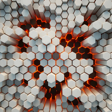 Futuristic abstract white hexagonal columns background pattern featuring glowing vibrant orange light shining underneath