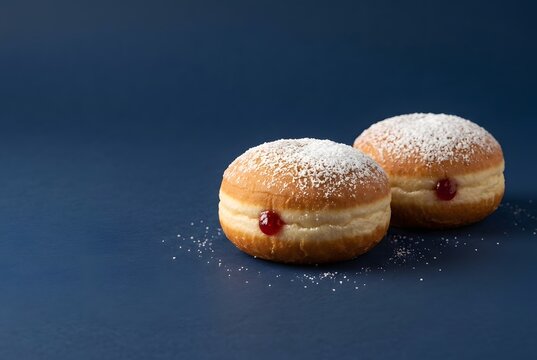 Two sufganiyot jelly doughnuts dusted with sugar on navy blue background with copy space