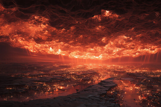 horror hellscape molten lava plain beneath fiery red storm clouds, cracked dark path into distance, photorealistic
