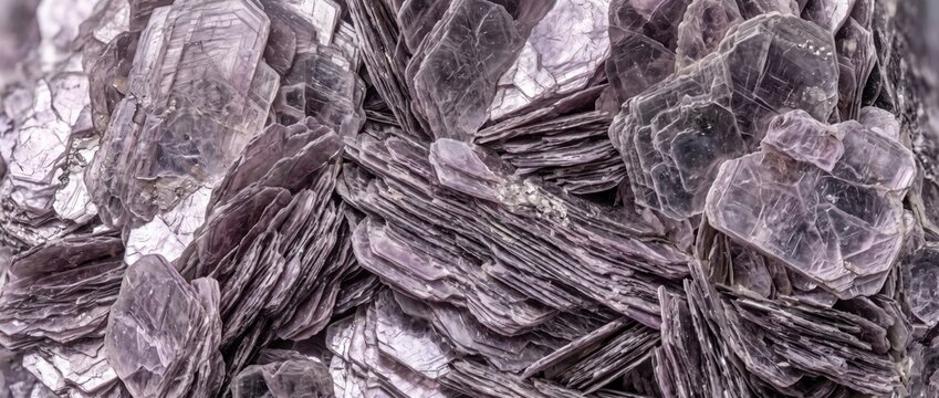 Close-up view of lepidolite mica mineral crystals with layered purple and silvery textures