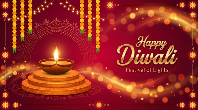 Happy Diwali Poster with Diya Lamp Vector Illustration. Indian festival of lights Design. Suitable for Greeting Card, Banner, Flyer, Template.