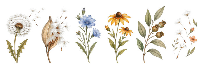 Fototapeta premium PNG Watercolor botanical collection of wildflowers, leaves and seeds