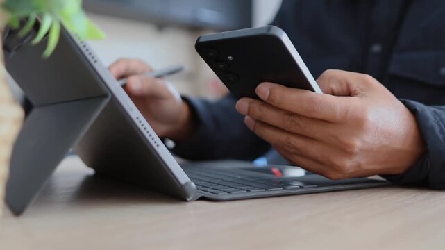 Businessman multitasking with digital tablet and smartphone for digital marketing and financial analysis at his desk