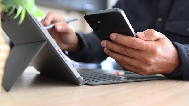 Businessman multitasking with smartphone and tablet for digital marketing strategy and project management