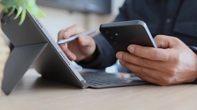 Businessman's hands using smartphone and tablet with stylus for marketing analysis, multitasking at his office desk