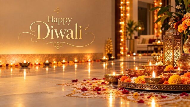 Happy Diwali text card background with glowing brass diya oil lamps, marigold garlands, and rose petals on marble floor