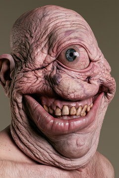 horror portrait mutant cyclops, smiling pink cyclops with large blue eye, deeply wrinkled skin and broad teeth, photorealistic