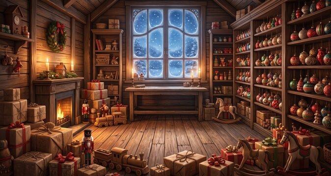 Cozy wooden workshop interior filled with christmas ornaments, stacked gift boxes, wooden toy trains, rocking horses, and a fireplace, with a snowy winter landscape visible through the window
