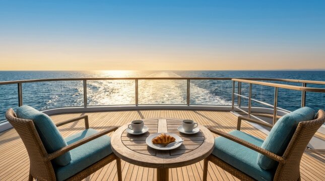 Breakfast table with two cups of coffee and croissant between wicker armchairs on teak yacht deck overlooking open sea and wake at sunrise - Luxury cruise travel