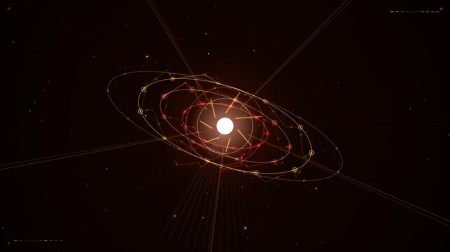 Animated looping view of a central glowing star surrounded by orbital rings in dark cosmic space