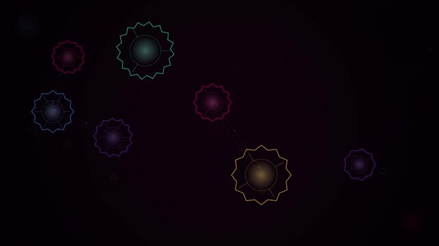 Vibrant glowing multicolored spiked orbs drift across a dark abstract looping background