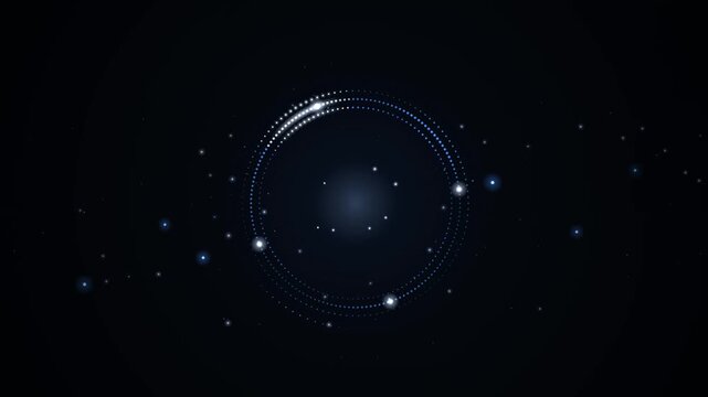 Blue cosmic particles orbit around a glowing central sphere in space