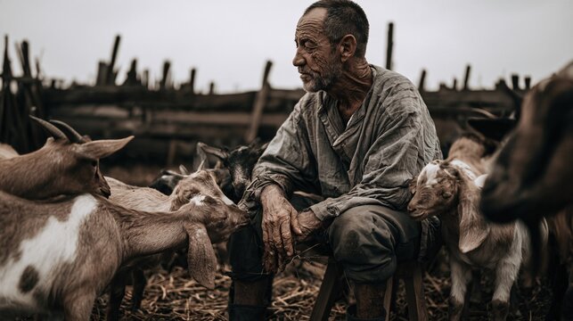 Elderly farmer sitting on a wooden stool surrounded by curious goats nibbling at his sleeve, deep