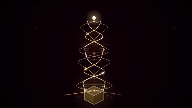 Warm glowing geometric spiral design floating in dark space.