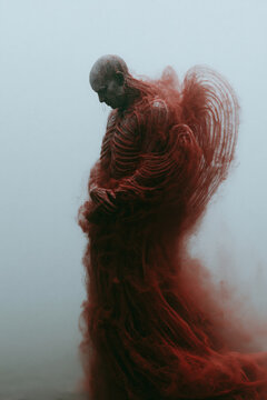 horror red skeletal angel in side profile with folded rounded wings and flowing red robe, photorealistic