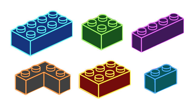 Set of colorful isometric toy building blocks with neon outlines