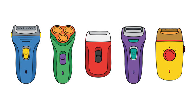 Colorful set of electric shavers and a hair clipper