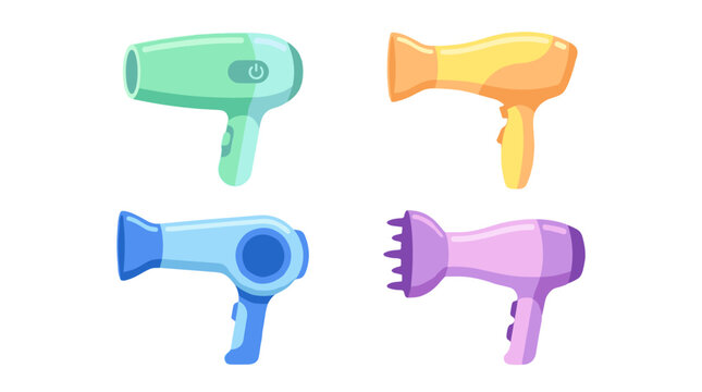 Set of colorful hair dryers including a diffuser nozzle