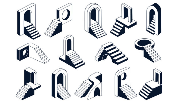 Isometric Staircase and Archway Optical Illusion Vector Illustration Geometric 3D Set.