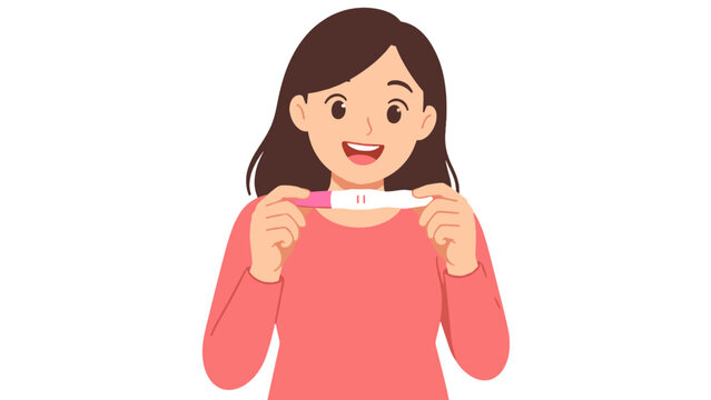 Smiling woman holding a positive pregnancy test