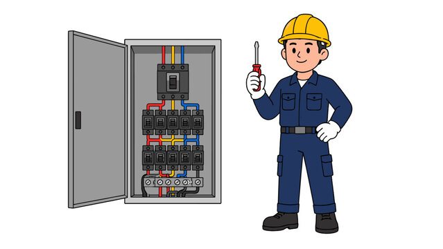 Electrician with screwdriver beside an open circuit breaker panel