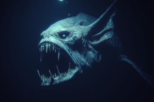 horror sea monster blue fish with pointed ears, open jaws and needle teeth, side view in dark water, photorealistic