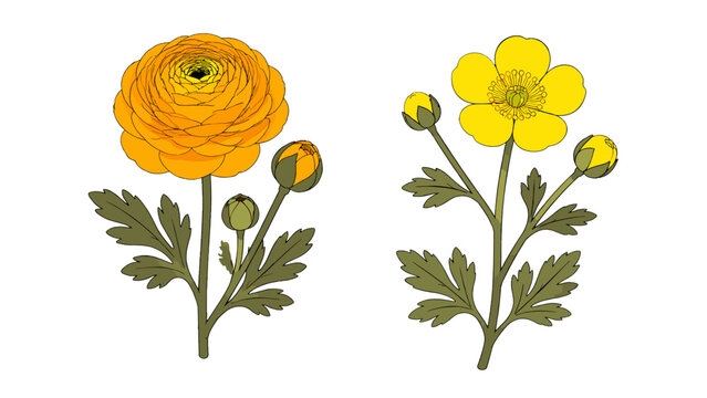 Orange ranunculus and yellow buttercup flowers with buds