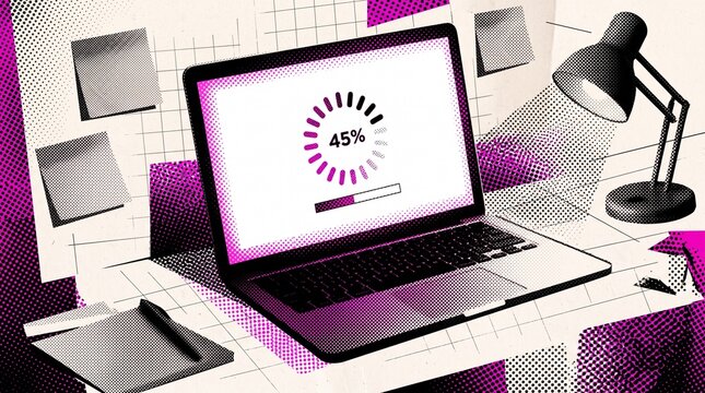 Trendy retro halftone collage of a laptop on a desk showing slow loading progress bar and buffering circle icon, featuring desk lamp, sticky notes, and magenta pop art dot pattern texture.
