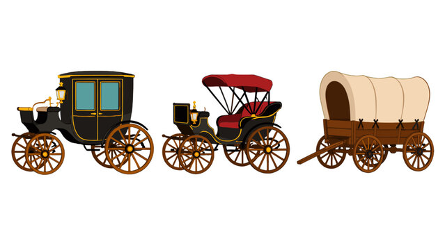 Vintage horse-drawn carriages and covered wagon
