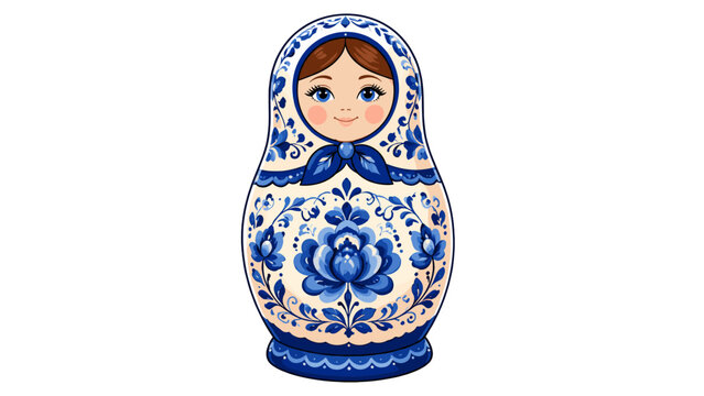 Blue floral matryoshka doll with a smiling girl