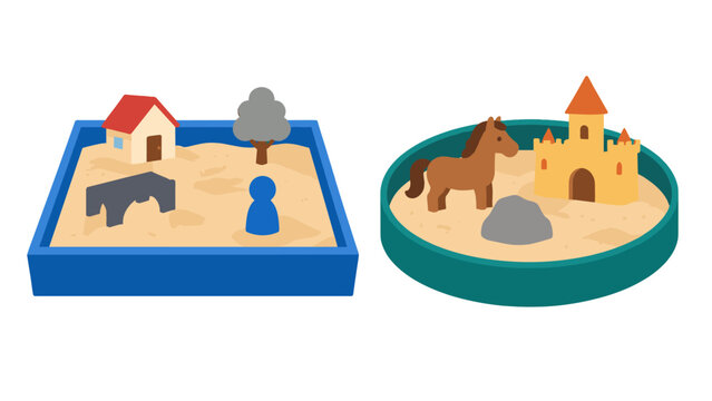 Miniature sandboxes with a toy horse and sandcastle