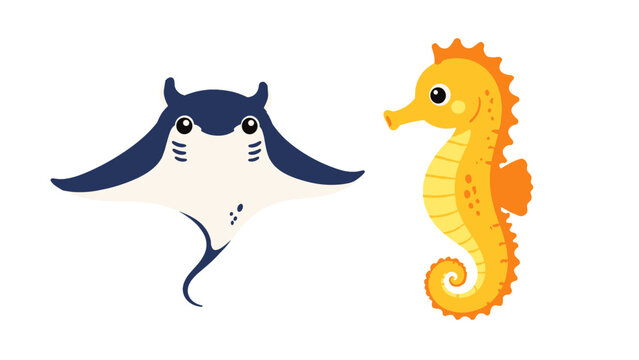 Manta ray and orange seahorse cartoon characters